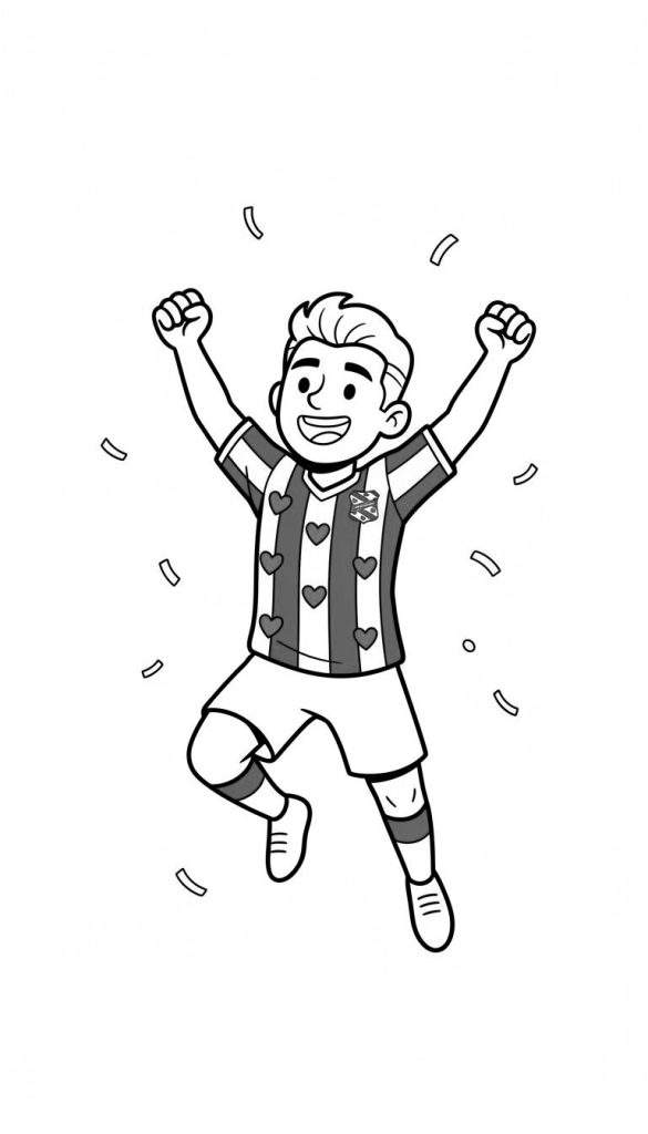 Zwart-wit kleurplaat van een vrolijke, springende SC Heerenveen voetballer die een overwinning viert, omringd door confetti.