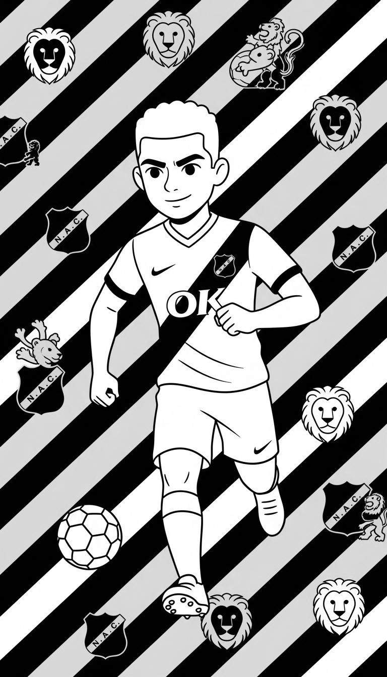 Zwart-wit kleurplaat van een vrolijke, cartoonachtige NAC Breda voetballer in actie, omringd door diverse NAC-logo's zoals leeuwenkoppen en N.A.C.-schildjes, met een klassieke voetbal.