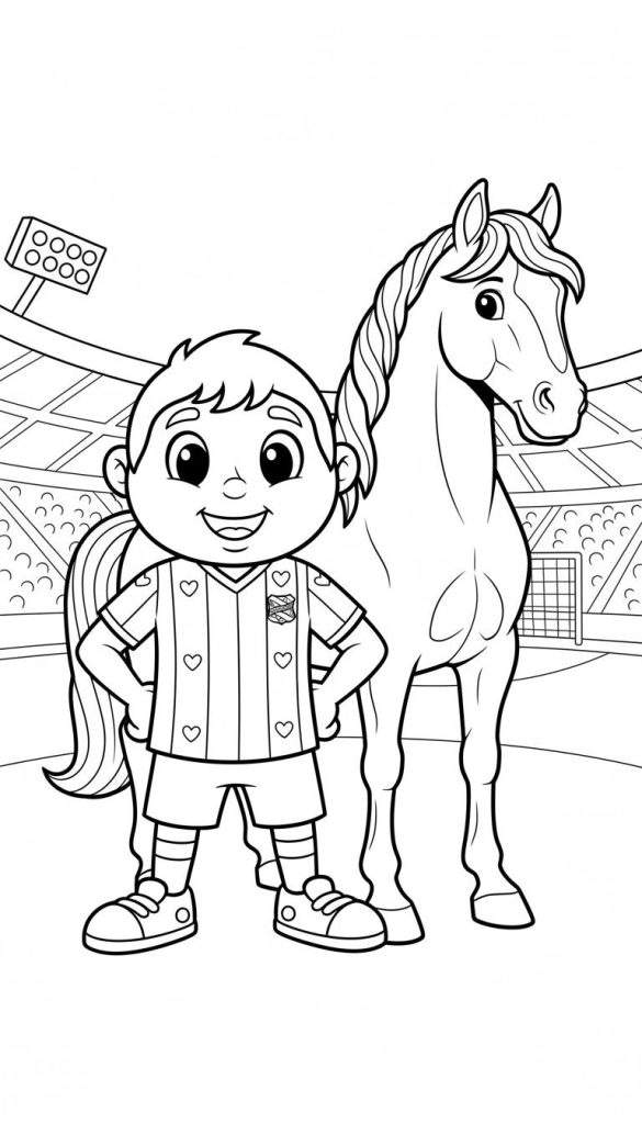 Kleurplaat: Lachende jongen in SC Heerenveen voetbaltenue met een vriendelijk paard in een stadion met tribunes en een doelnet.