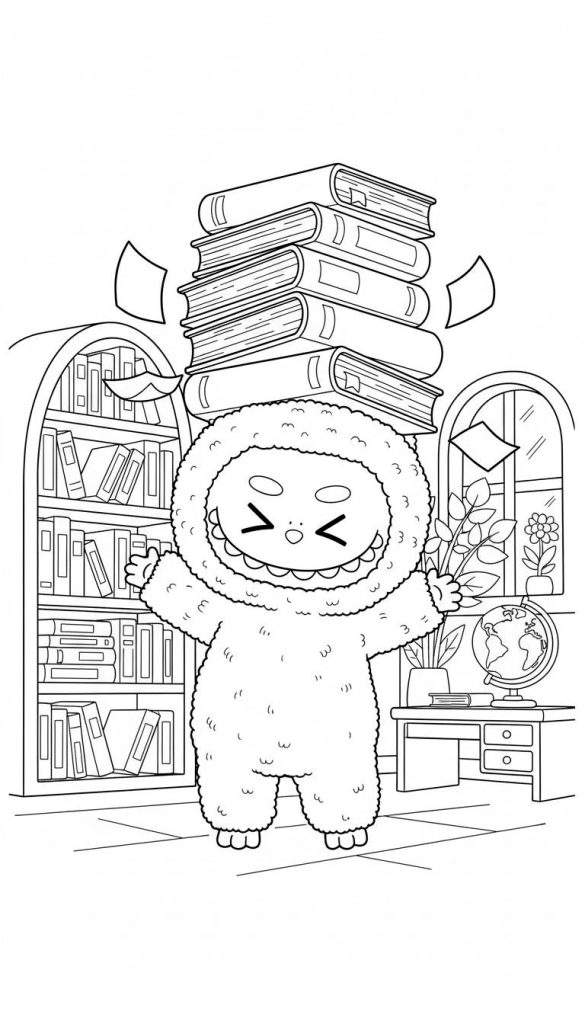 Zwart-wit Labubu kleurplaat: Vrolijk wezentje met een grote, wankele boekenstapel in zijn armen en op zijn hoofd, staand in een bibliotheekkamer met boekenkast, bureau, wereldbol en planten. Er vliegen enkele losse papieren rond de boekenstapel.