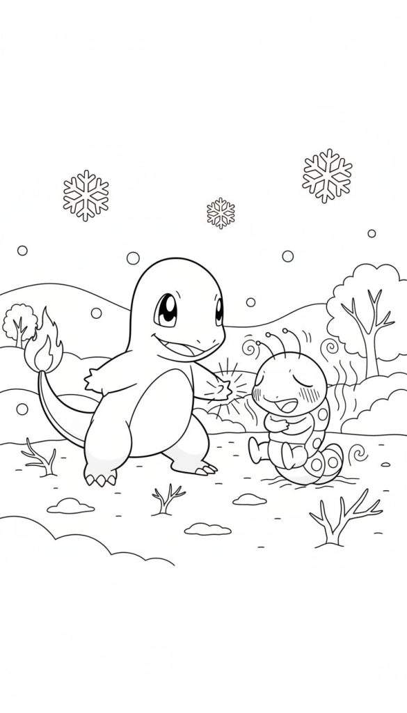 Zwart-wit kleurplaat van Charmander die warmte uitstraalt naar een blije, opgerolde Caterpie-achtige rups in een besneeuwd winterlandschap met sneeuwvlokken en kale bomen.