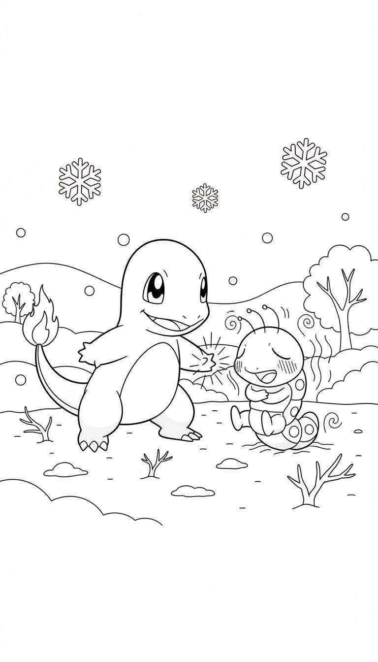 Zwart-wit kleurplaat van Charmander die warmte uitstraalt naar een blije, opgerolde Caterpie-achtige rups in een besneeuwd winterlandschap met sneeuwvlokken en kale bomen.