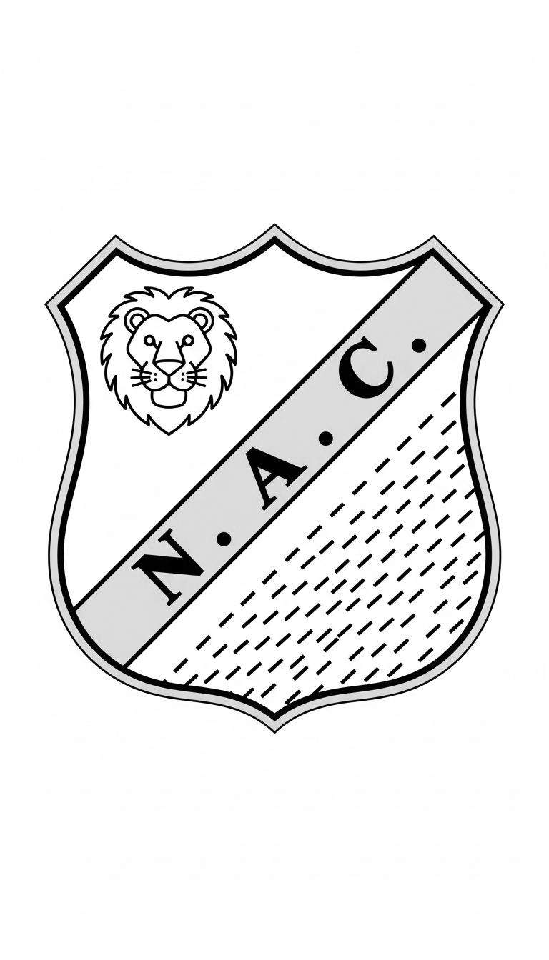 Zwart-wit kleurplaat van het NAC Breda wapenschild met een gestileerde leeuwenkop en de letters N. A. C. op een diagonale band.