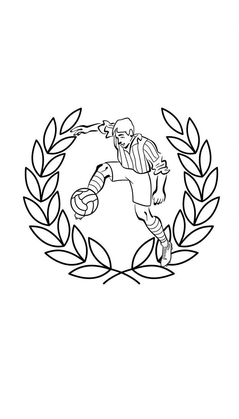 Zwart-wit lijntekening van een dynamische Sparta Rotterdam voetballer met bal op zijn wreef, omringd door een gestileerde lauwerkrans.