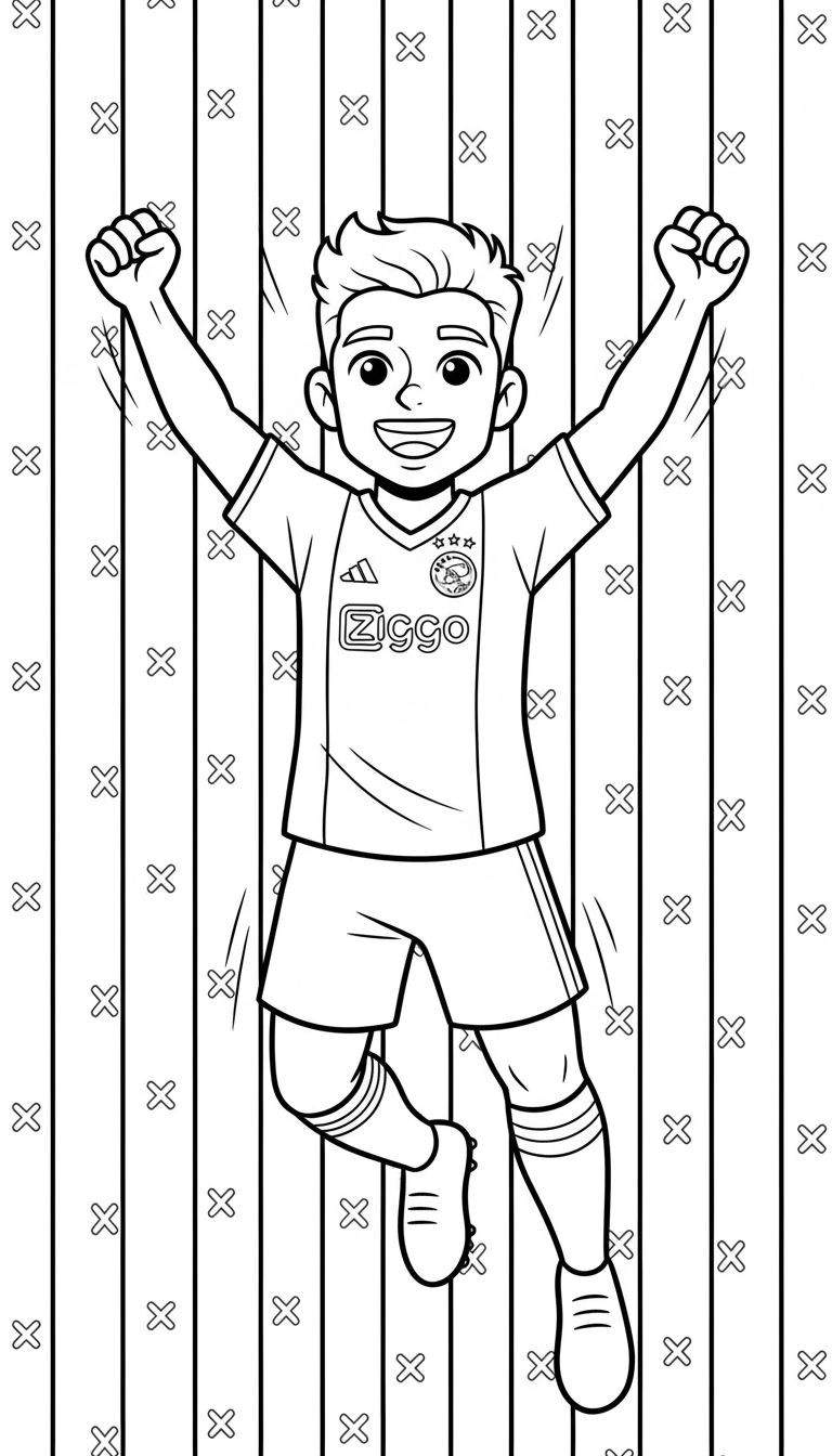 Zwart-wit kleurplaat van een lachende, jonge Ajax voetballer die juichend in de lucht springt met armen omhoog. Hij draagt het Ajax tenue met Adidas en Ziggo logo's, tegen een achtergrond van strepen en kruisjes.