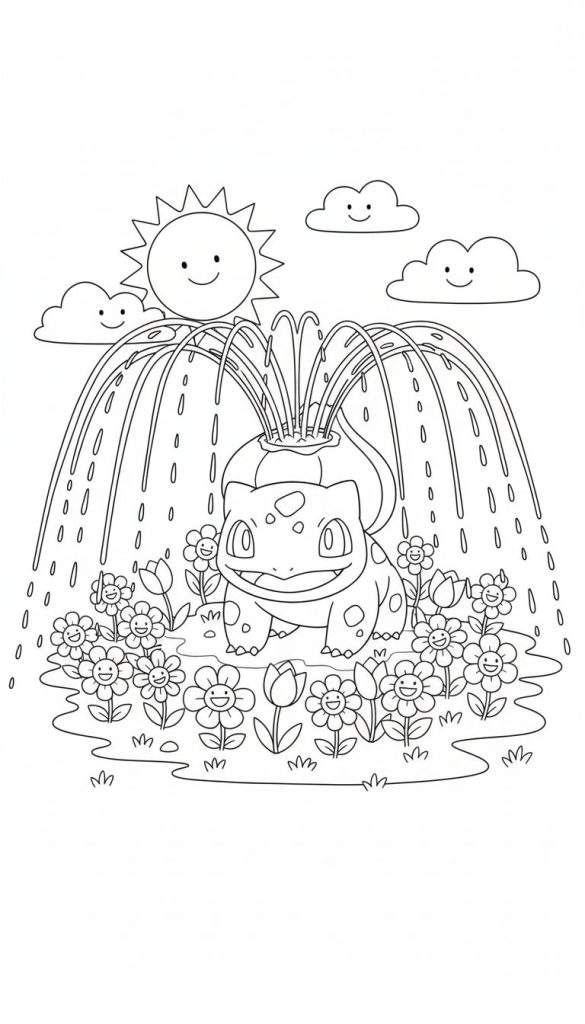 Kleurplaat van een lachende Bulbasaur die water spuit uit zijn rug, omringd door lachende bloemen en gras, onder een lachende zon en vriendelijke wolken.