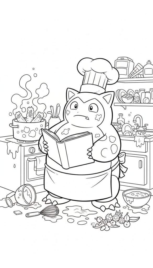 Zwart-witte lijntekening van chef-kok Snorlax in een koksmuts en schort, die geconcentreerd een kookboek leest in een chaotische keuken vol spetters, een borrelende pan, vuile vaat en gemorst fruit op de vloer.