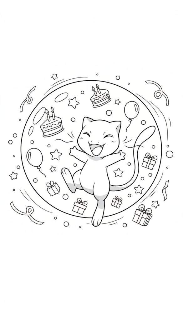 Zwart-wit kleurplaat van een vrolijk dansende Mew te midden van verjaardagstaarten met kaarsjes, ballonnen, ingepakte cadeaus en confetti, met linten en stippen eromheen.