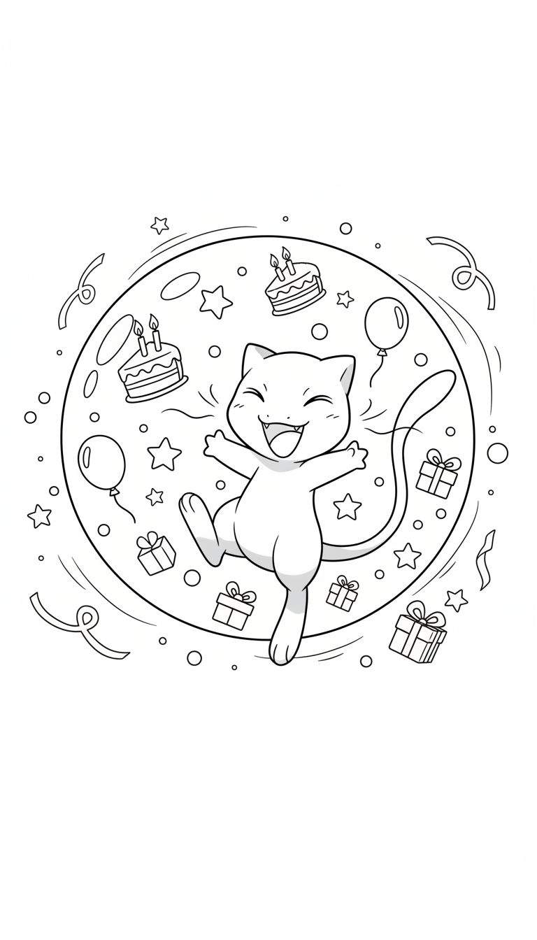 Zwart-wit kleurplaat van een vrolijk dansende Mew te midden van verjaardagstaarten met kaarsjes, ballonnen, ingepakte cadeaus en confetti, met linten en stippen eromheen.