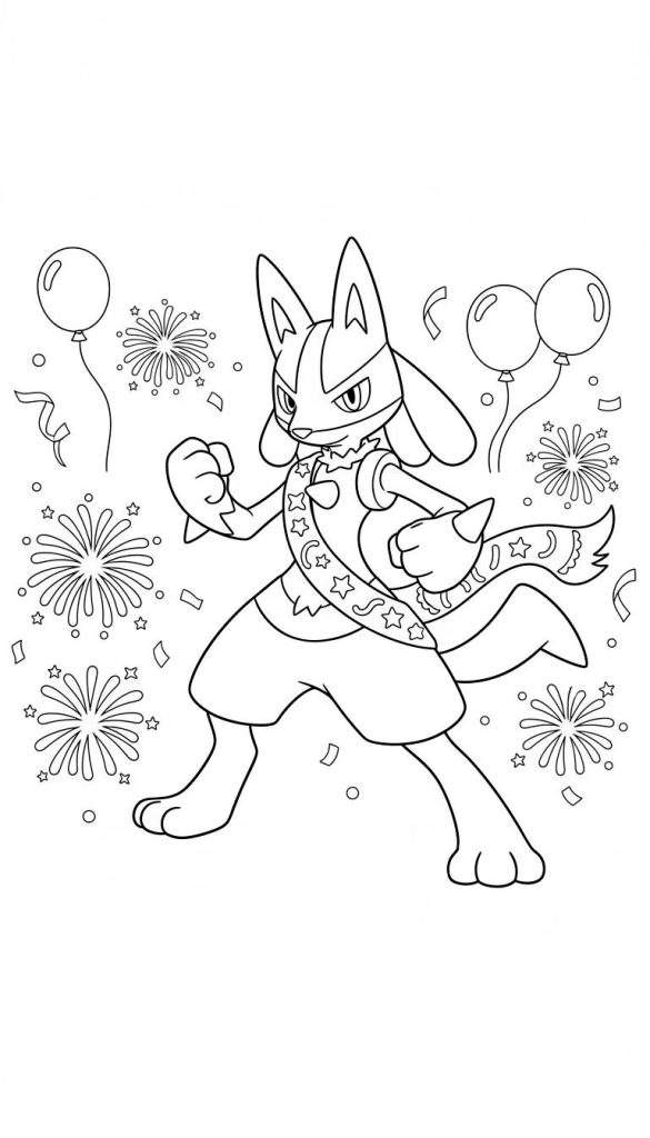 Zwart-witte kleurplaat van Pokémon Lucario in een feestelijke setting met sterrensjerp, ballonnen, confetti en slingers.