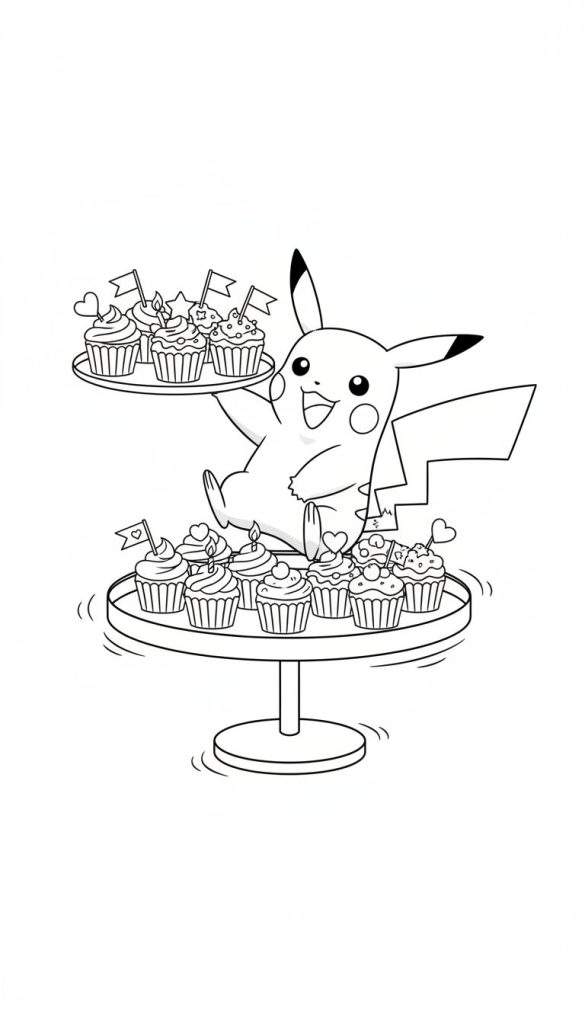 Zwart-wit kleurplaat van Pikachu met een vrolijke glimlach, zittend op een etagère vol feestelijk versierde cupcakes. Hij houdt een dienblad met cupcakes vast en zwaait enthousiast.