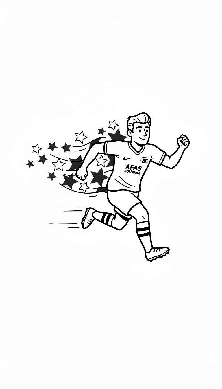 Kleurplaat van een juichende jongen met een sterrensjaal, springend voor een voetbaldoel en een juichende menigte fans, met als thema AZ.