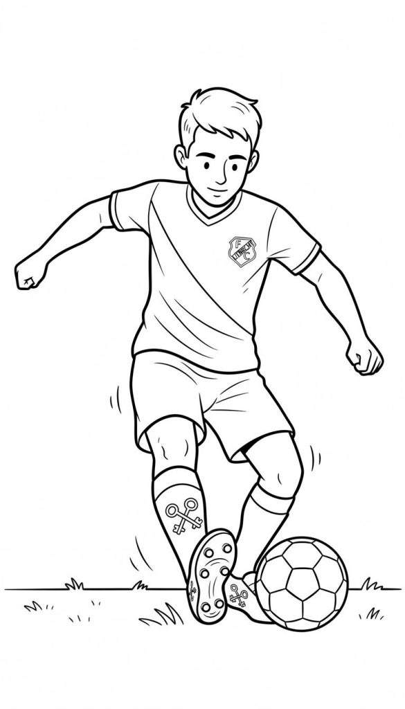 Zwart-wit kleurplaat van een voetballende jongen in FC Utrecht tenue, met clublogo en sokken met gekruiste sleutels, dribbelend met een voetbal op gras.