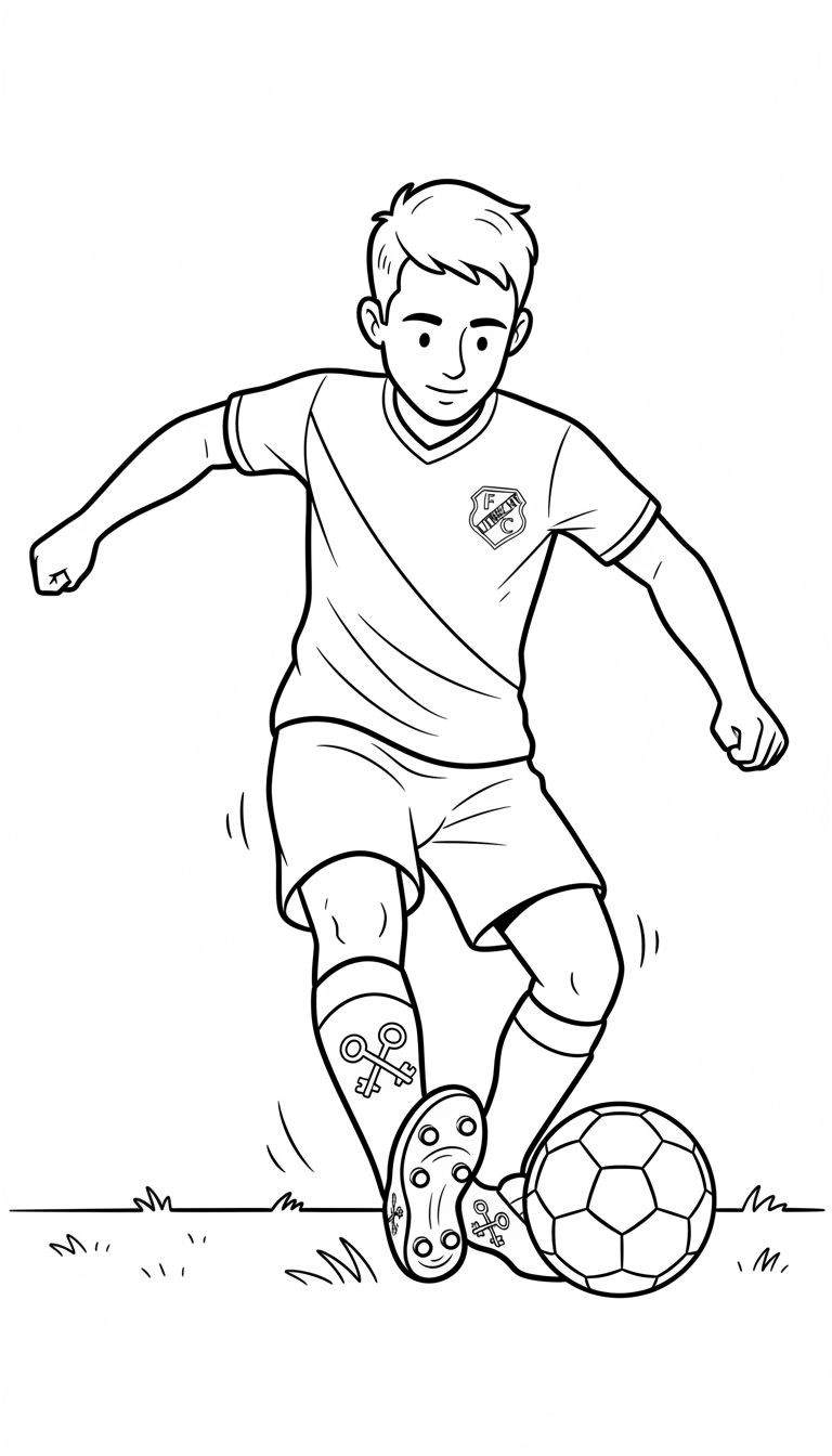Zwart-wit kleurplaat van een voetballende jongen in FC Utrecht tenue, met clublogo en sokken met gekruiste sleutels, dribbelend met een voetbal op gras.