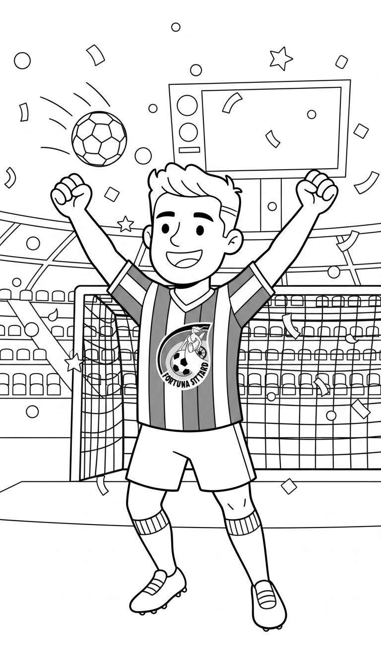 Zwart-wit kleurplaat van een lachende Fortuna Sittard voetballer in een gestreept shirt, die een doelpunt viert met gebalde vuisten en omhoog geheven armen. Achter hem zijn een voetbaldoel, tribunes en feestelijke confetti te zien, met een zwevende voetbal links en een scorebord rechtsboven.