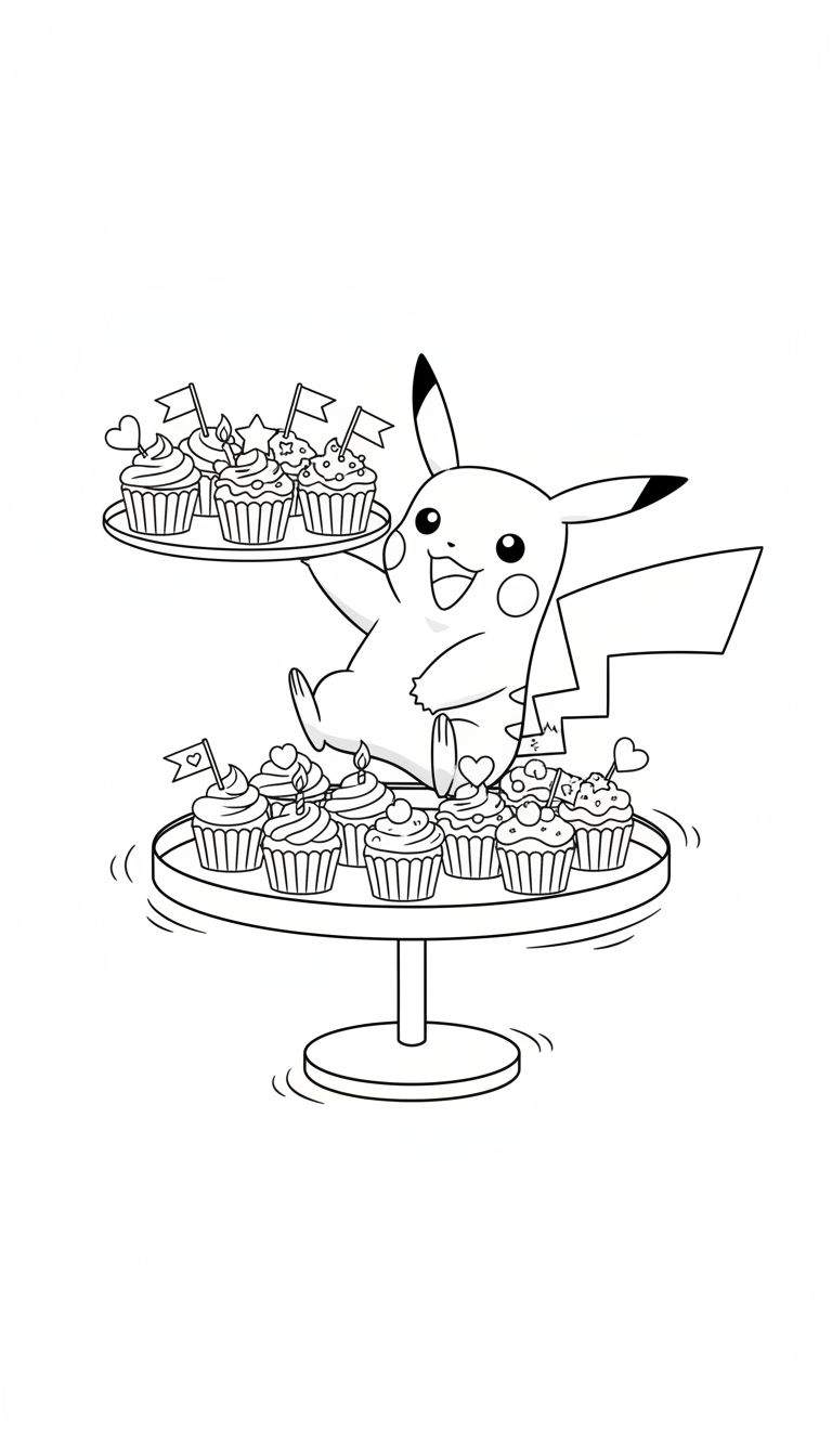Zwart-wit kleurplaat van Pikachu met een vrolijke glimlach, zittend op een etagère vol feestelijk versierde cupcakes. Hij houdt een dienblad met cupcakes vast en zwaait enthousiast.