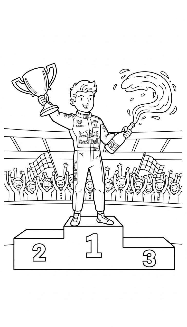 Kleurplaat: Glimlachende Red Bull racecoureur viert overwinning op podium (plaats 1), houdt trofee omhoog en spuit champagne, met juichend publiek en geblokte vlag.