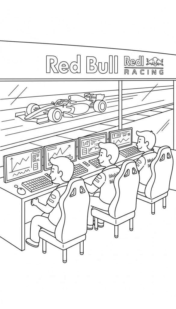 Kleurplaat van Red Bull Racing Formule 1 met racewagen op de baan en teamleden in de controlekamer achter computerschermen.