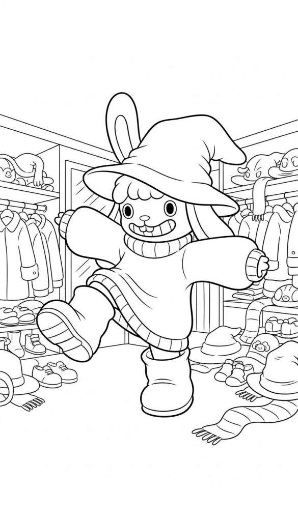 Kleurplaat van vrolijk Labubu-konijn met puntmuts, oversized trui en laarzen, dansend in een rommelige kledingkast vol kleding en hoeden.