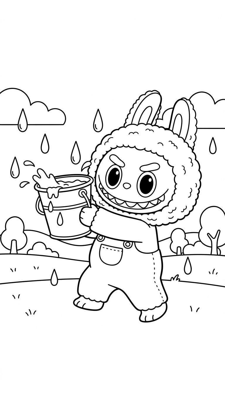 Zwart-wit kleurplaat van Labubu, een pluizig monster met konijnenoren en tuinbroek, die water uit een emmer spat in een regenachtig, heuvelachtig landschap met boompjes en gras. Labubu kijkt vrolijk en ondeugend.