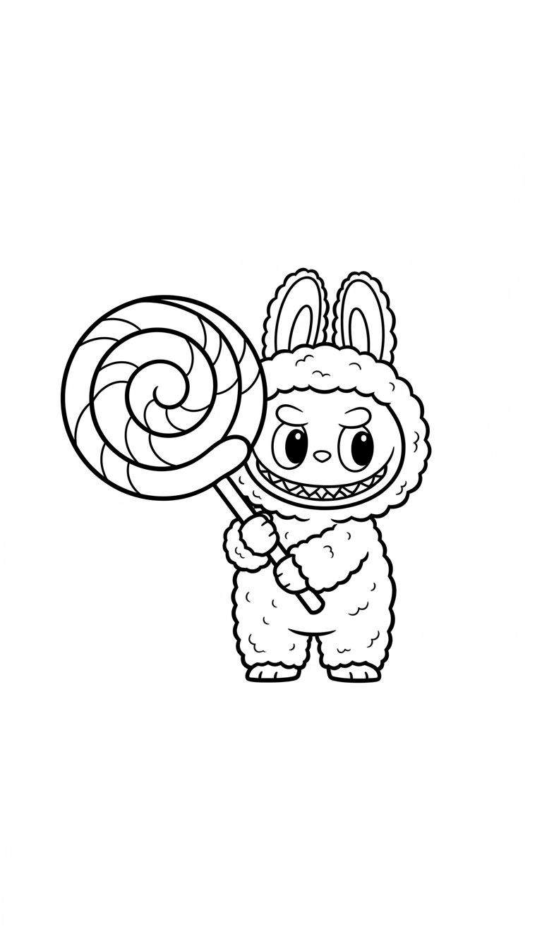 Zwart-wit kleurplaat van Labubu, een pluizig monster met konijnenoren, een brede grijns met tanden, en een grote spiraallolly in zijn handen.