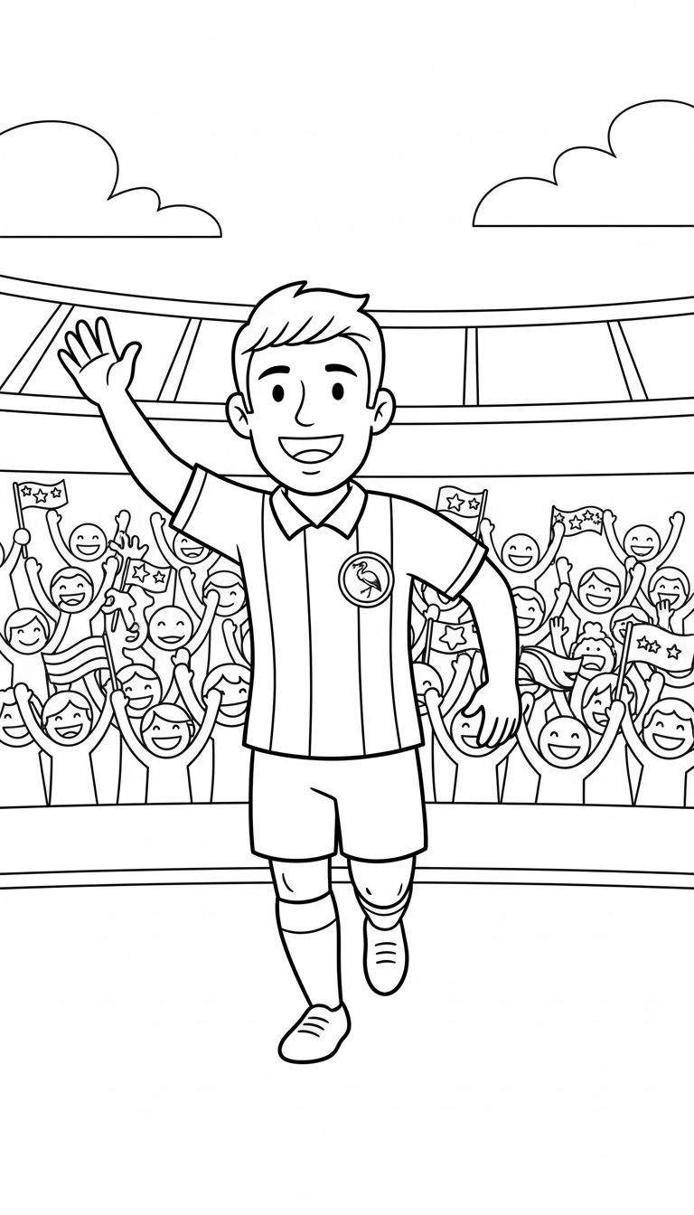 Zwart-wit kleurplaat van een lachende ADO Den Haag voetballer met ooievaar-embleem, zwaaiend naar een juichend stadionpubliek onder wolken.