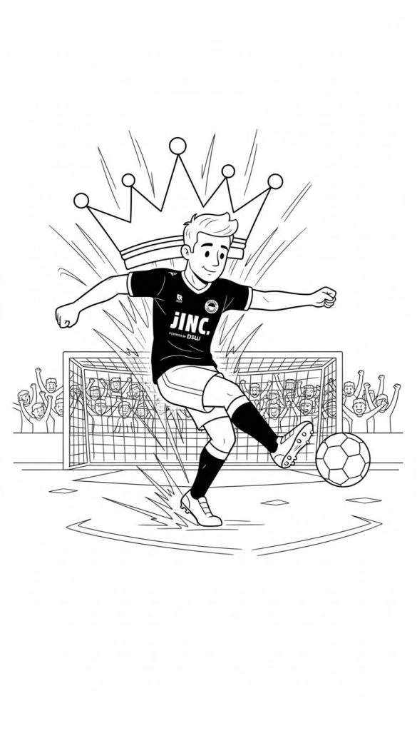 Kleurplaat van een lachende Excelsior voetballer die een voetbal trapt. Op de achtergrond juichen supporters en is een kroon afgebeeld, met sponsorlogo's JINC en DSW op zijn shirt.