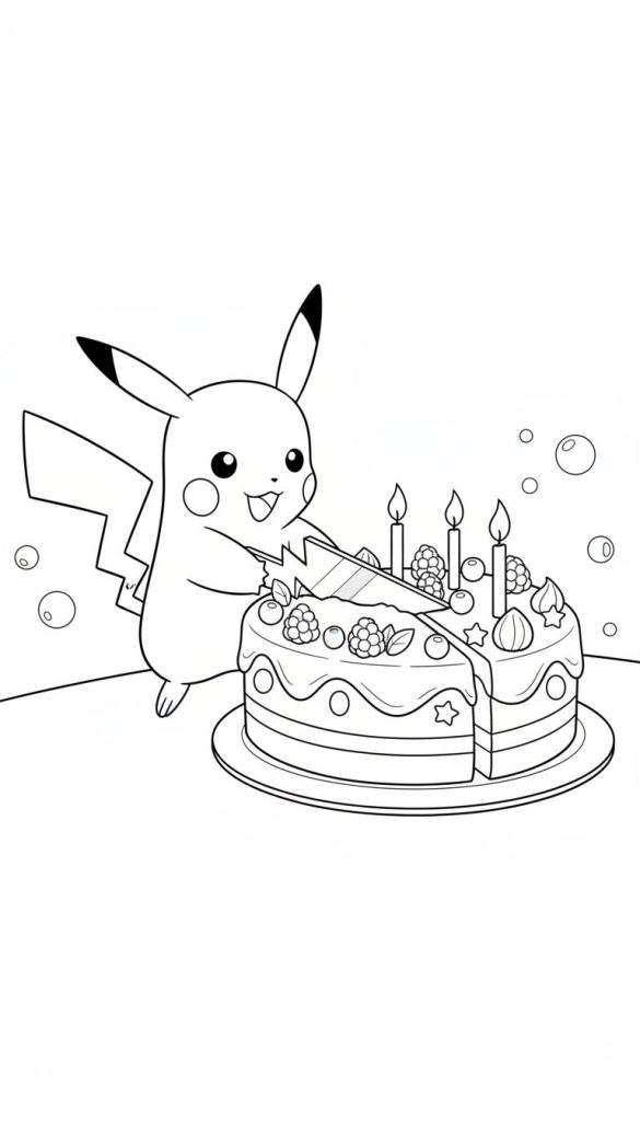 Kleurplaat van lachende Pikachu die een feestelijke taart met vier brandende kaarsjes, bessen, sterretjes en een mes serveert, met luchtbellen op de achtergrond.