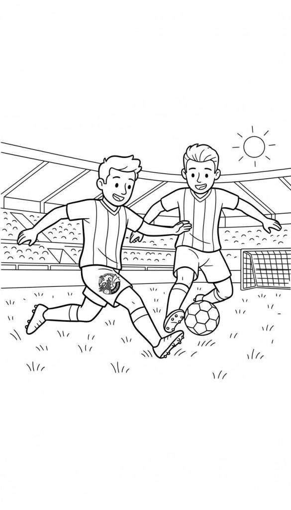 Kleurplaat van twee lachende FC Den Bosch voetballers die dribbelen op een grasveld in een stadion met toeschouwers en een voetbaldoel, onder een stralende zon.