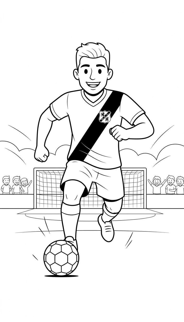 Kleurplaat van een lachende NAC Breda voetballer in actie, dribbelend met de bal voor een goal, met juichend publiek en wolken.