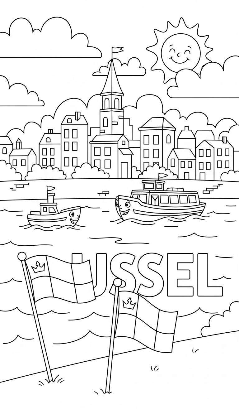 Kleurplaat van een vrolijke stad aan de IJssel met lachende zon, blije boten, het woord 'IJSSEL' en vlaggen met een kroon en geblokt patroon, gerelateerd aan PEC Zwolle.