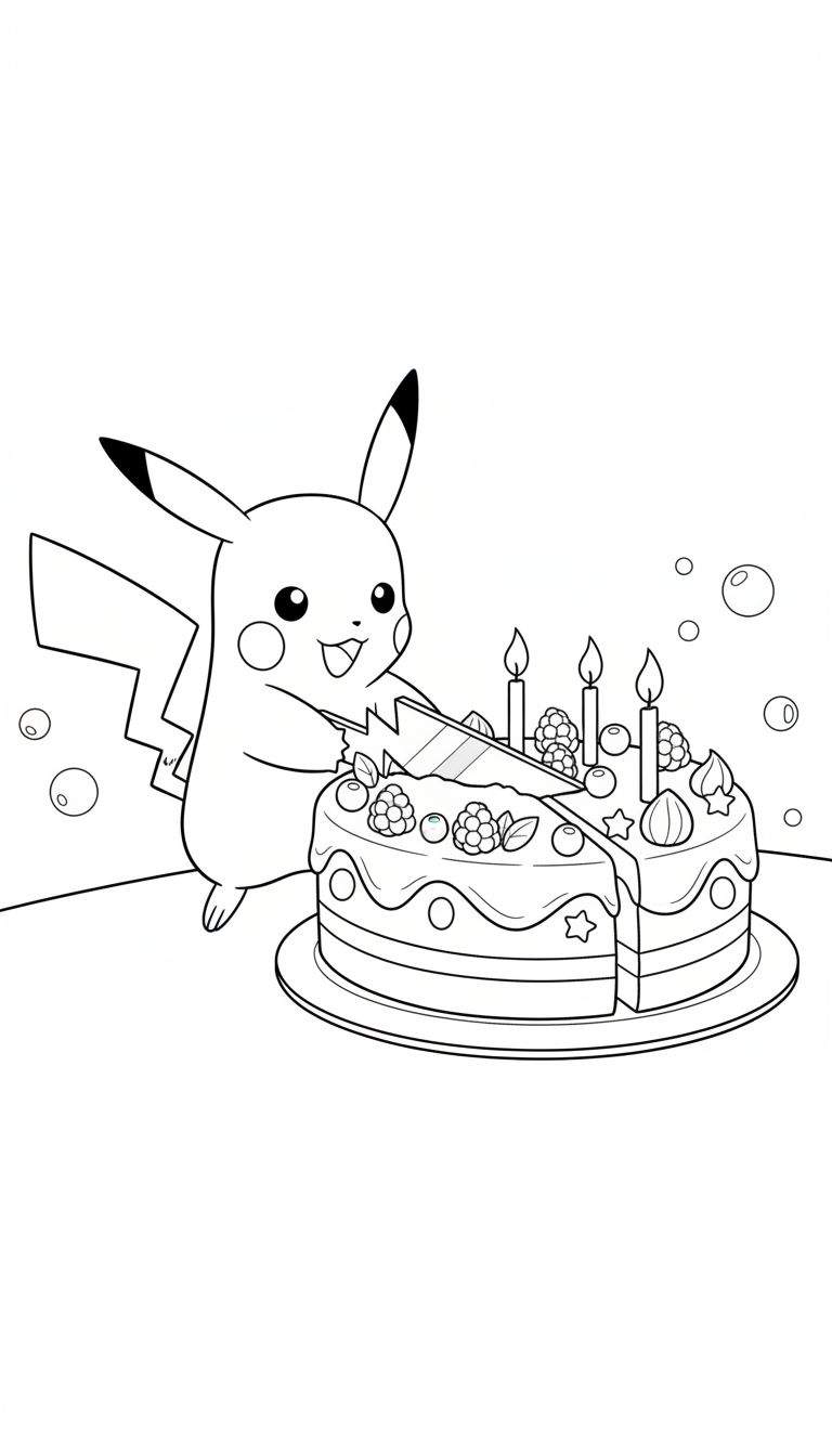 Kleurplaat van lachende Pikachu die een feestelijke taart met vier brandende kaarsjes, bessen, sterretjes en een mes serveert, met luchtbellen op de achtergrond.