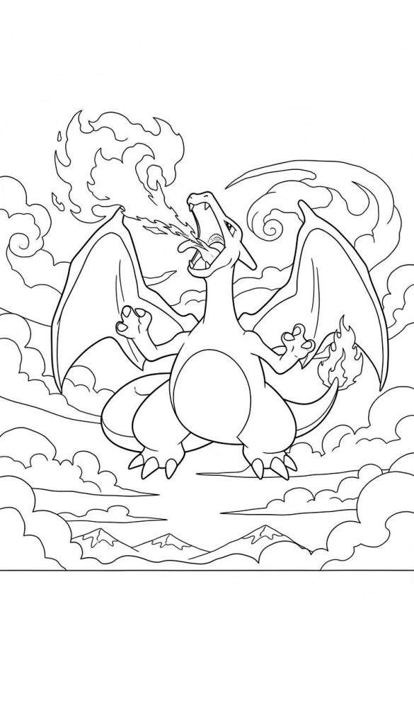 Zwart-wit lijntekening van Charizard die vuur spuwt, met gespreide vleugels, vuur aan de staart, zwevend tussen wolken en bergtoppen op de achtergrond.