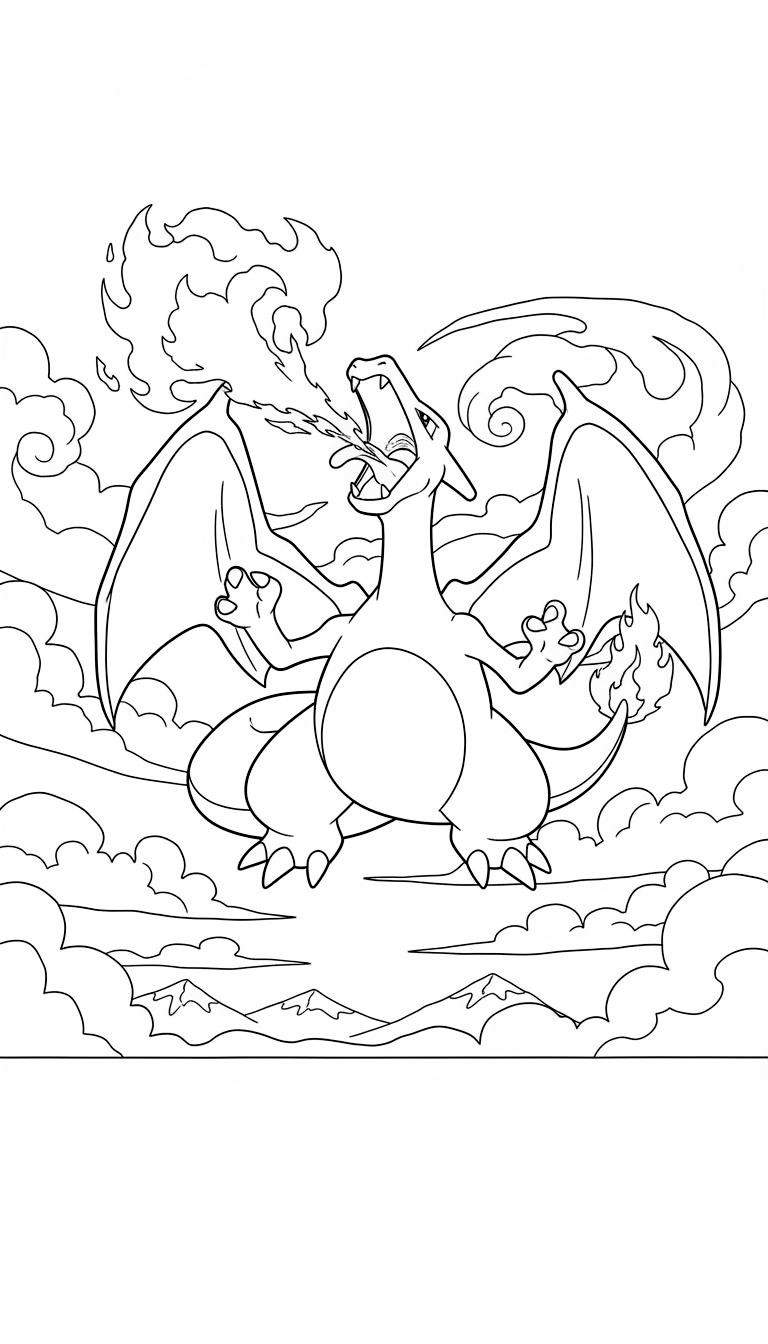 Zwart-wit lijntekening van Charizard die vuur spuwt, met gespreide vleugels, vuur aan de staart, zwevend tussen wolken en bergtoppen op de achtergrond.