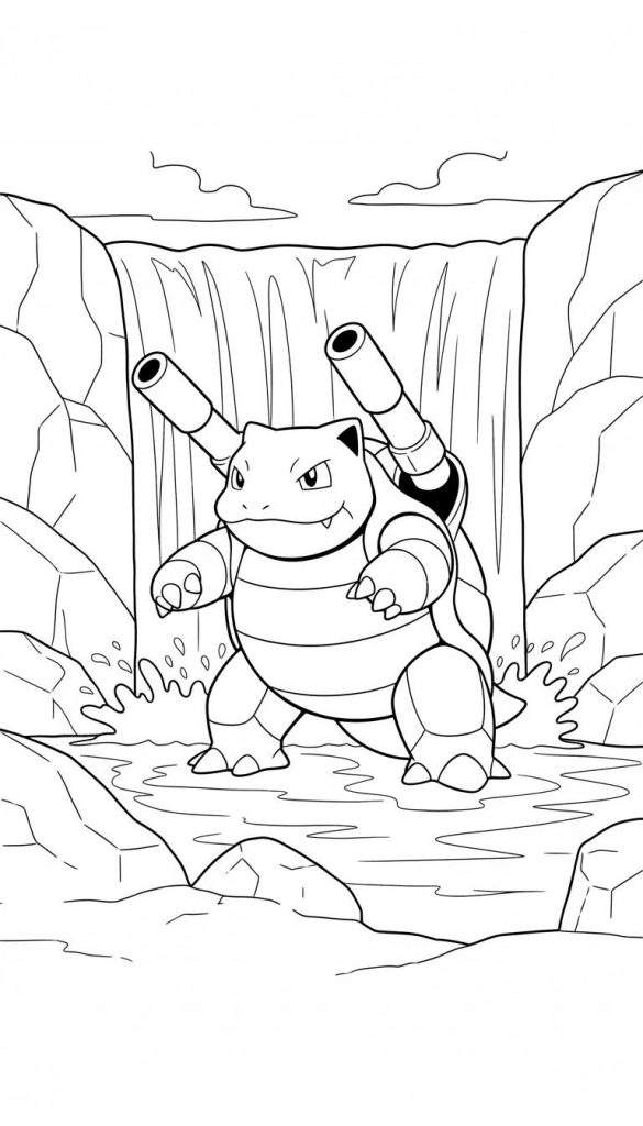 Zwart-wit kleurplaat van Blastoise in het water voor een grote waterval, omringd door rotsen, met wolken boven de klif.