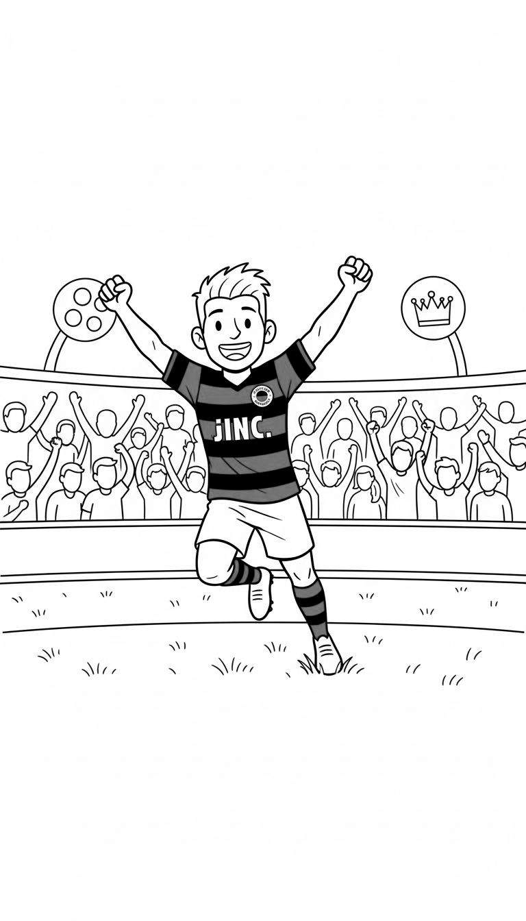 Zwart-wit kleurplaat van een juichende Excelsior voetballer met 'JINC.' shirt en armen omhoog, omringd door vierend publiek op de tribune. Boven hem symbolen van een voetbal en kroon. Gras op de voorgrond.