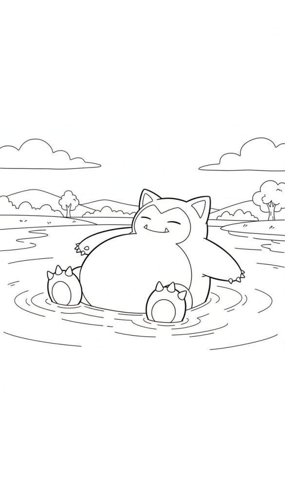 Zwart-wit kleurplaat van een ontspannen Snorlax drijvend in water, met gesloten ogen en een glimlach. Glooiende heuvels, bomen en wolkjes op de achtergrond.