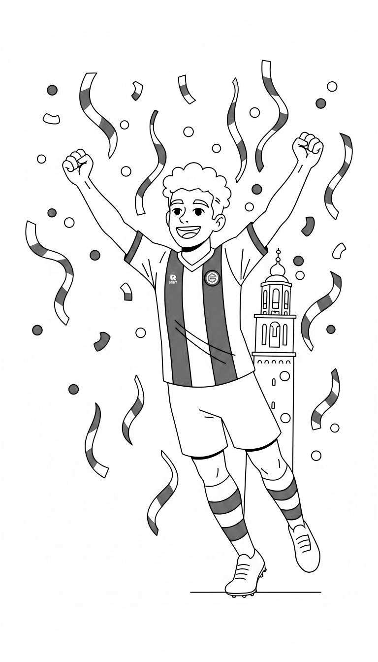 Kleurplaat van een juichende FC Groningen voetballer met krullend haar in gestreept shirt, omringd door confetti, met de Giralda toren van Sevilla op de achtergrond.