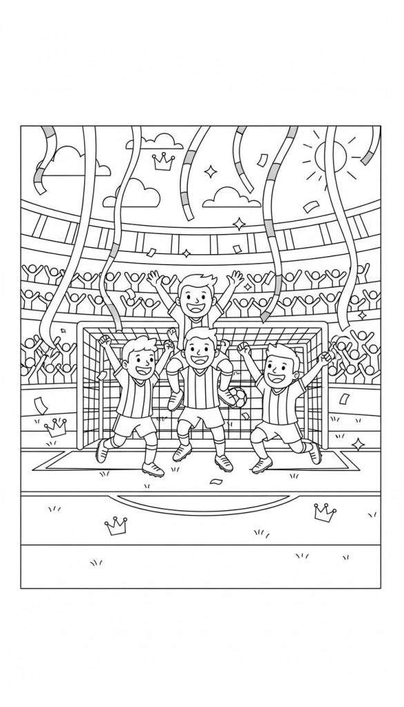 Kleurplaat van vier juichende jonge PEC Zwolle voetballers die een overwinning vieren in een stadion, met publiek, confetti en een voetbaldoel op de achtergrond.