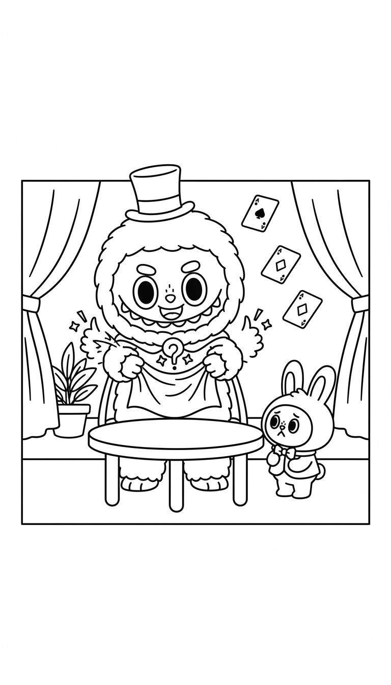 Zwart-wit kleurplaat van Labubu als pluizige goochelaar met hoge hoed die sterretjes tovert uit zijn handen, naast een verrast konijntje met vlinderdasje. Drie speelkaarten zweven boven een ronde tafel en de scène wordt omlijst door podiumgordijnen.