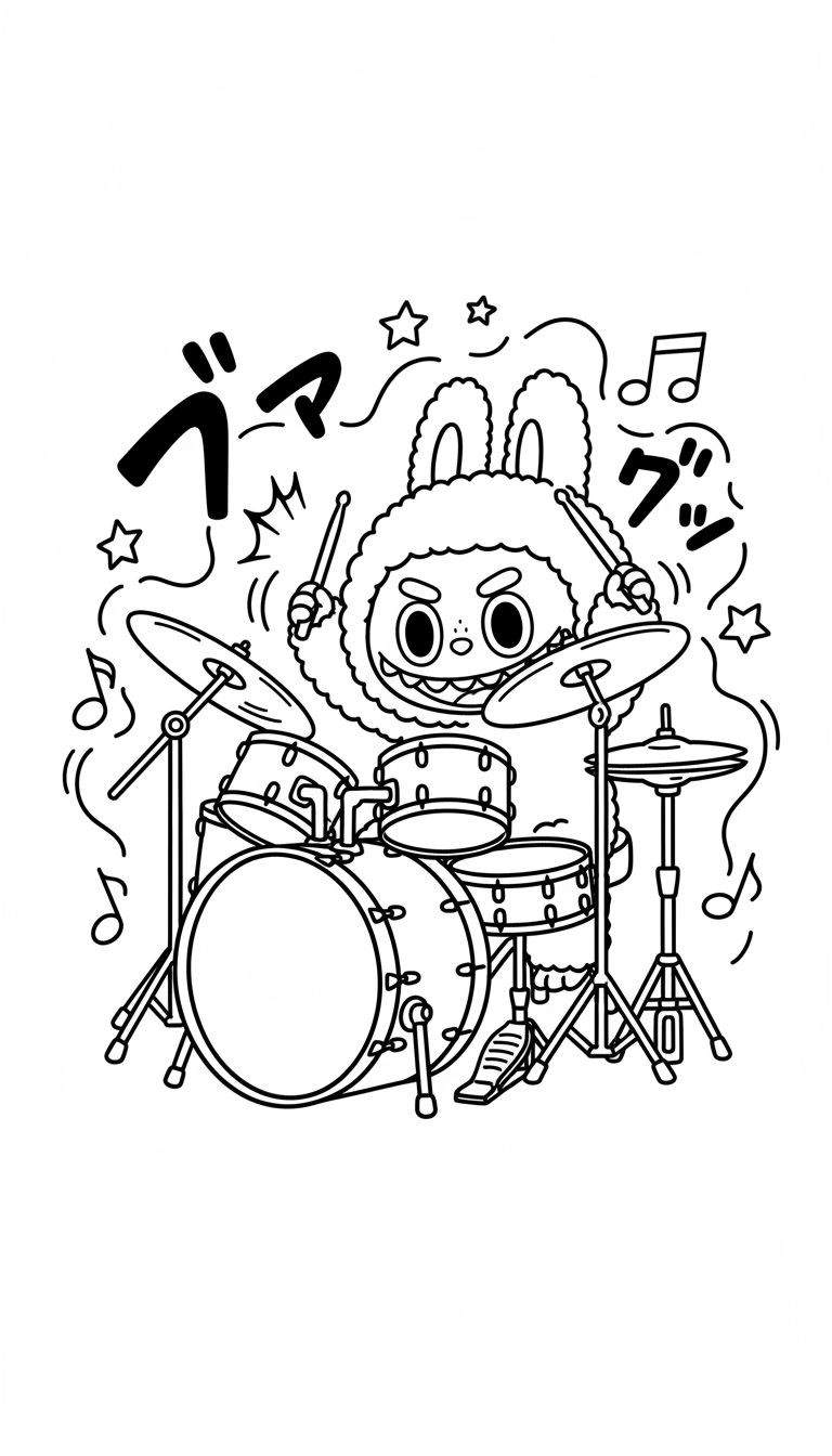 Zwart-wit Labubu kleurplaat: schattig, harig monster drumt enthousiast op een drumstel, omringd door muzieknoten, sterren en Japanse tekst.