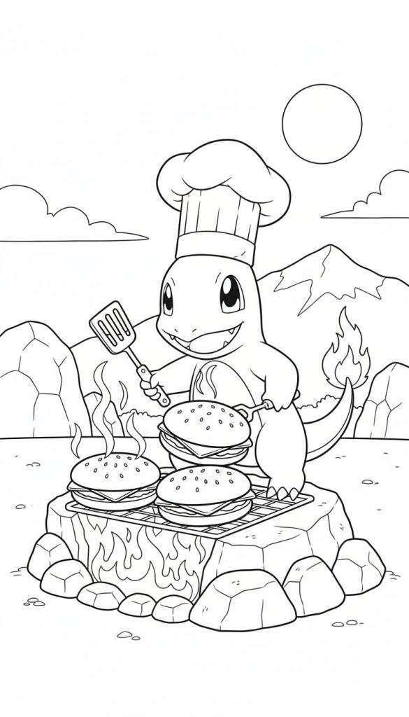 Zwart-wit kleurplaat van Charmander met koksmuts, die drie hamburgers grilt op een rotsgrill met vlammende staart, spatel en tang, bergen op de achtergrond en een lege cirkel rechtsboven.