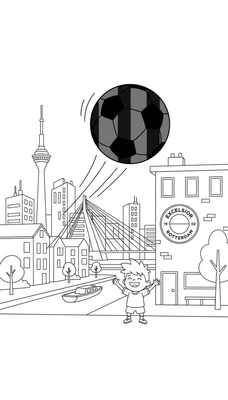 Kleurplaat van een jongen die blij naar een zwevende voetbal kijkt voor de skyline van Rotterdam, met de Erasmusbrug, Euromast en het Excelsior Rotterdam-gebouw.
