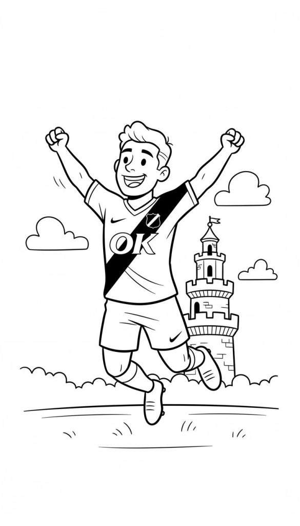 Zwart-wit lijntekening van een vrolijke voetbaljongen die juichend in de lucht springt. Hij draagt een tenue met een brede diagonale band, 'OK' op zijn shirt en Nike-logo's. Zijn armen zijn omhoog gestoken met gebalde vuisten. Rechts is een ronde kasteeltoren te zien met kantelen en een vlaggetje. De achtergrond toont wolken en golvende lijnen die gras of aarde voorstellen, met streepjes voor beweging.