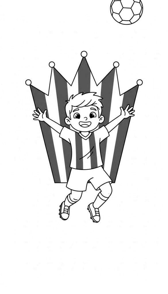 Kleurplaat van juichende jongen in PEC Zwolle tenue, springend voor een gestreepte kroon, met voetbal in de lucht.