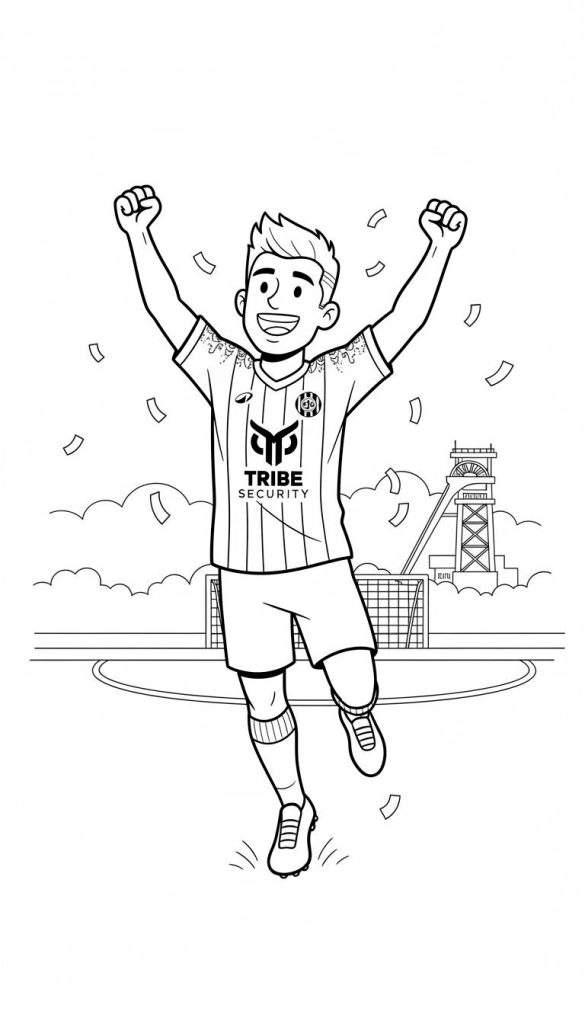 Zwart-wit kleurplaat van een juichende Roda JC voetballer met "Tribe Security" op zijn shirt, confetti en een mijnschachtbok op de achtergrond.