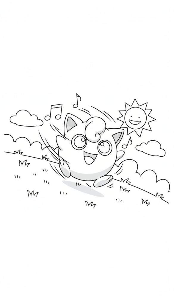 Vrolijke Jigglypuff kleurplaat huppelend in het gras met zwevende muzieknoten, wolken en een lachende zon.
