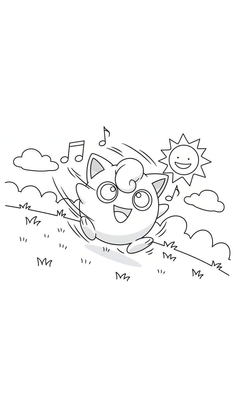 Vrolijke Jigglypuff kleurplaat huppelend in het gras met zwevende muzieknoten, wolken en een lachende zon.