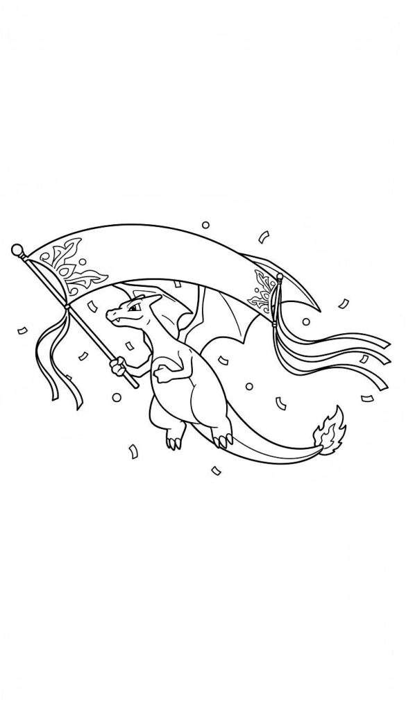Kleurplaat van een vliegende Charizard-achtige draak met een vastberaden uitdrukking, die een feestelijk spandoek vasthoudt met linten en confetti in de lucht.