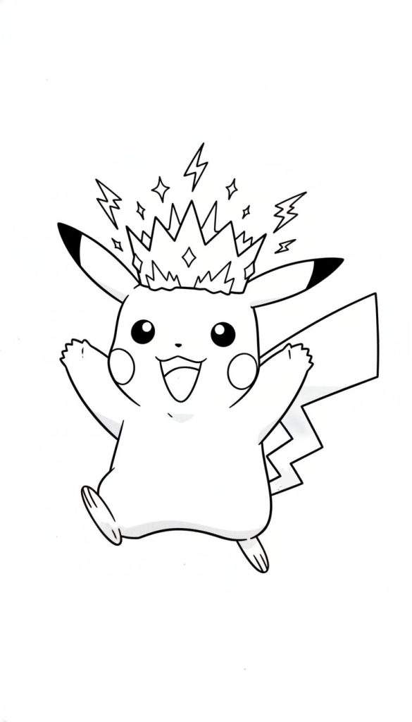 Zwart-wit lijntekening van een lachende en springende Pikachu met gespreide armen en bliksemschichten boven zijn hoofd.